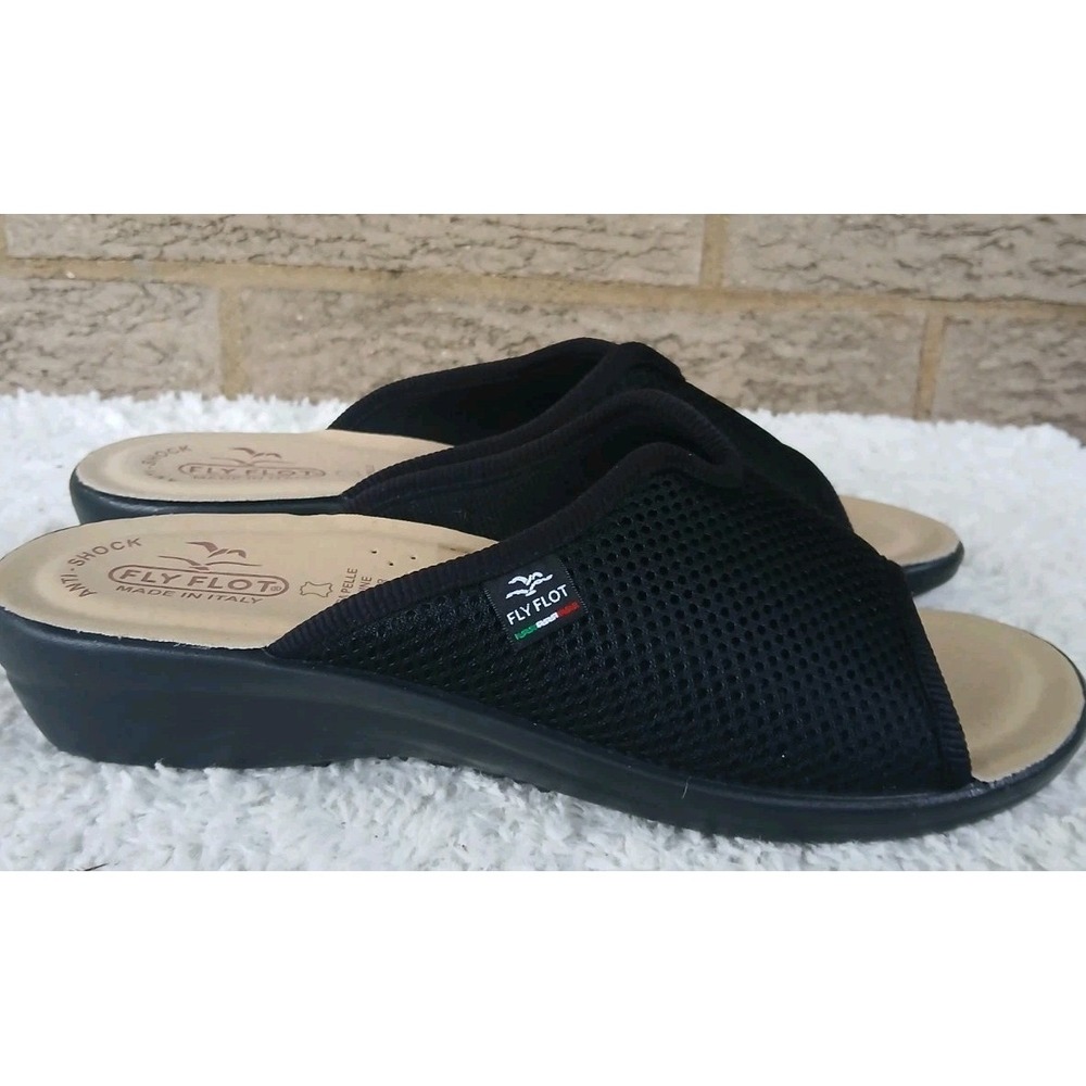 NWT Fly Flot Anatomic Women's Black Mesh Slide Sandals Sz 8 Made In Italy